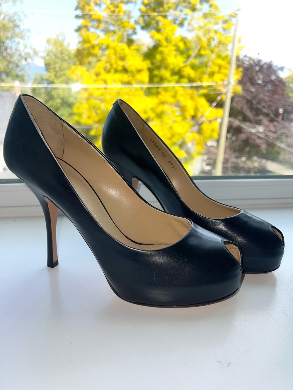 Giuseppe Zanotti Navy Peep-Toe Leather Stiletto Pumps